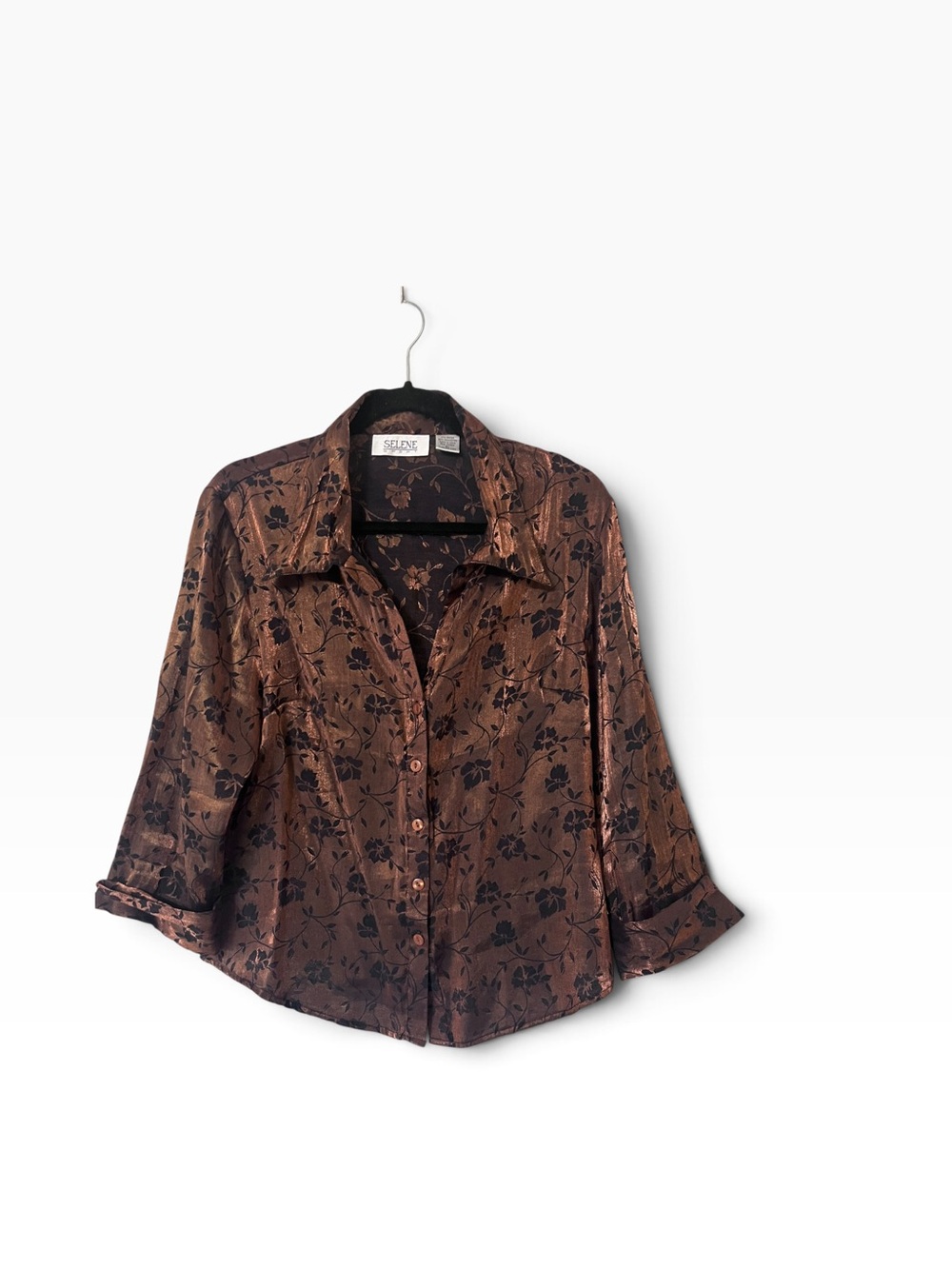 Vintage Selene Brown Satin Floral Button-Down floral bronze and black